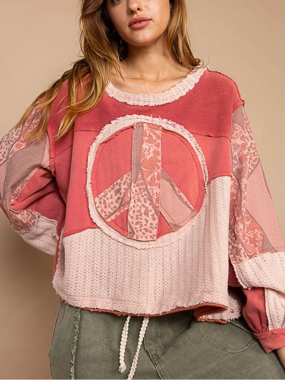 POL Inner Peace Patchwork Peace Sign Boho Knit Top Dried Red Boho 2.0 Large